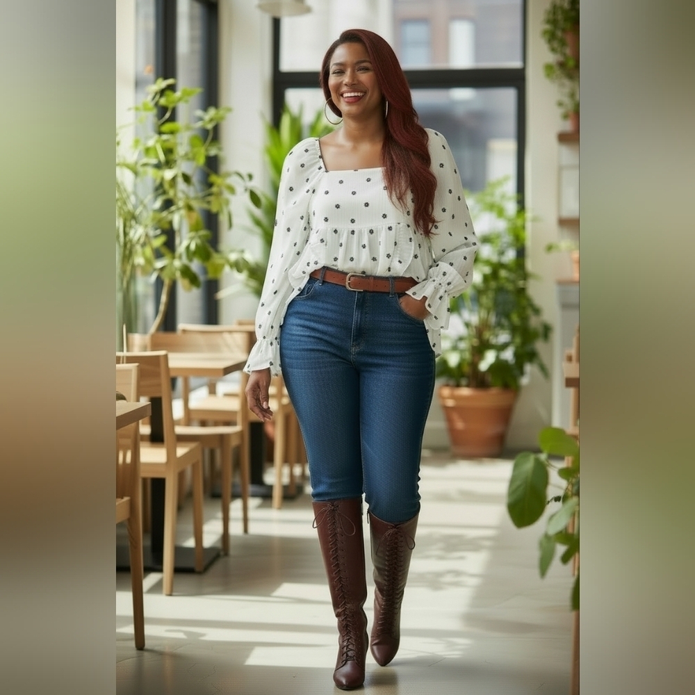 Versona White and Black Puff Sleeve Blouse with Tie Front